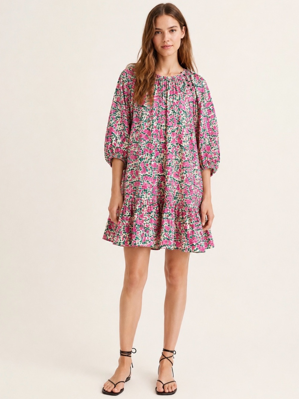 Zara Pink Floral Puff Sleeve Mini Dress S Oversized Cotton